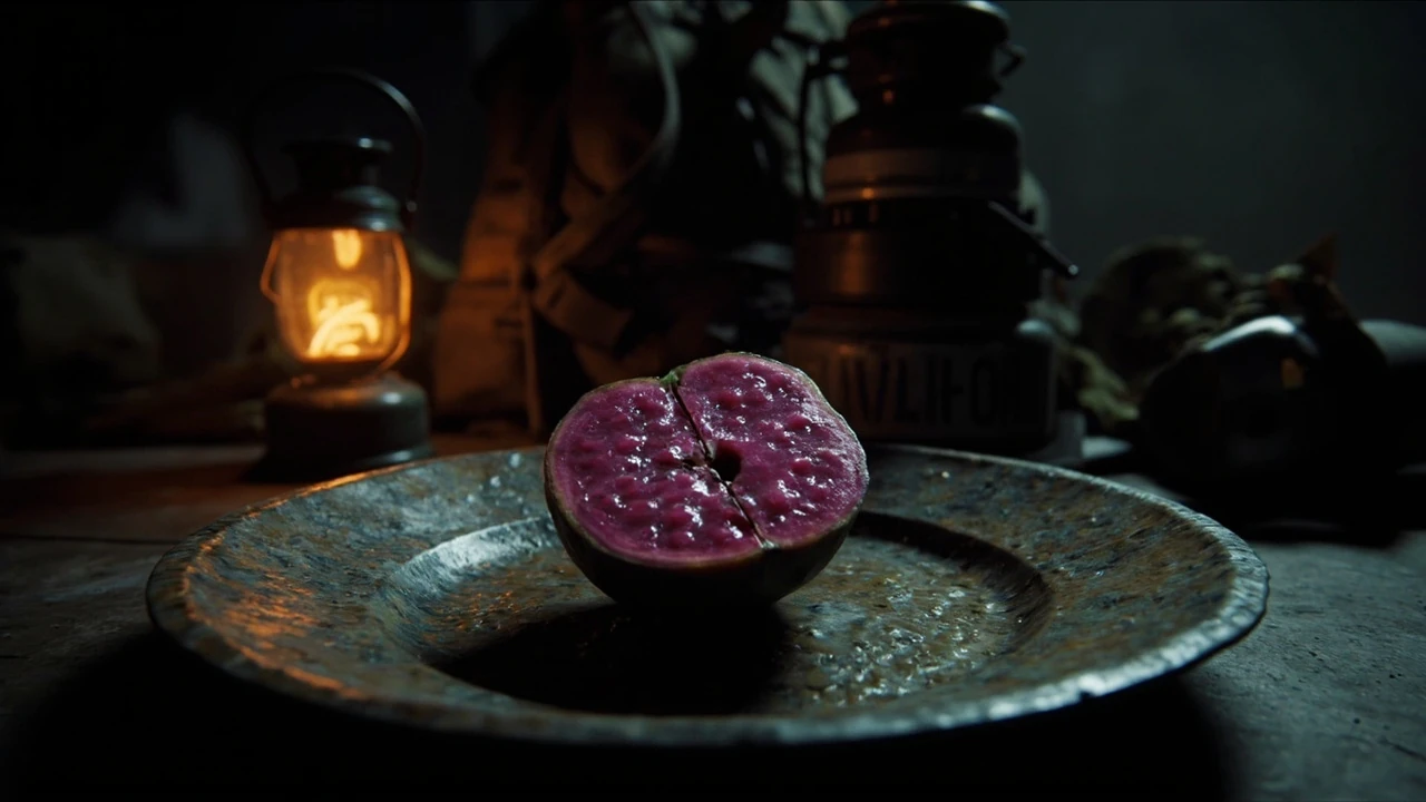 A single ripe prickly pear fruit cut in half on a scratched metal plate in a dim extraction-shooter outpost, surrounded by medkit canisters and a worn field canteen