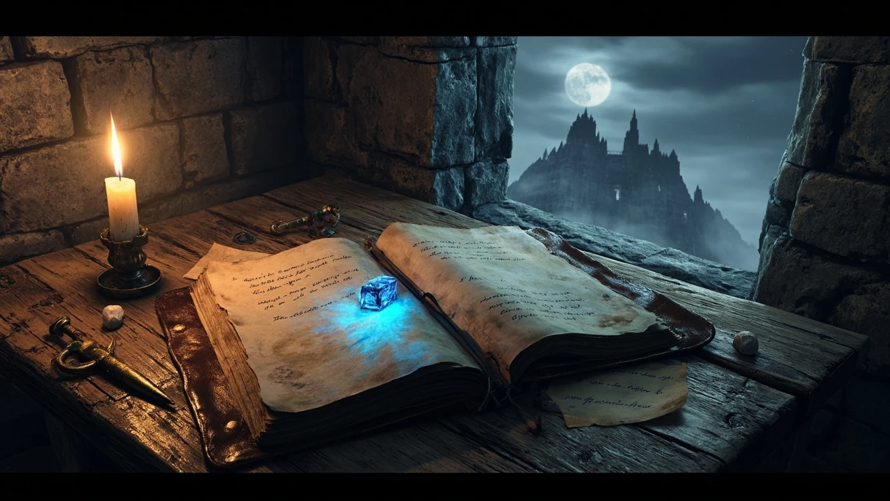 A scholar's remembrance journal open on a desk in Elden Ring Nightreign