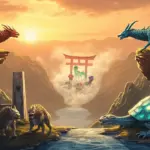 Concept art scene depicting Pokemon Scarlet and Violet legendaries gathered on a plateau at golden hour